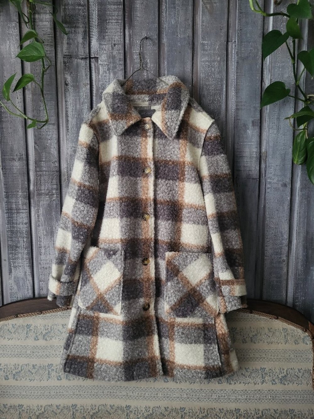 ANDIAMO! Plaid Boucle Shacket Long Coat Gray Taupe Large